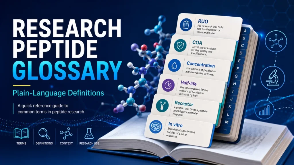 Research Peptide Glossary with plain-language definitions of RUO, COA, concentration, purity, half-life, and in vitro