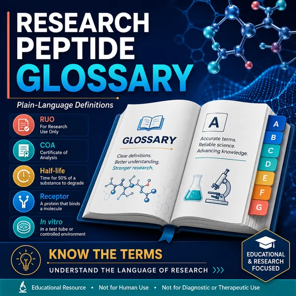 Research Peptide Glossary with plain-language definitions of RUO, COA, concentration, purity, half-life, and in vitro